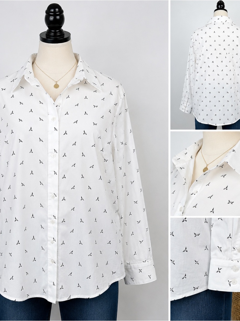 Liz Claiborne Career Woman 2X White Bird Print Stretch Button Down Shirt